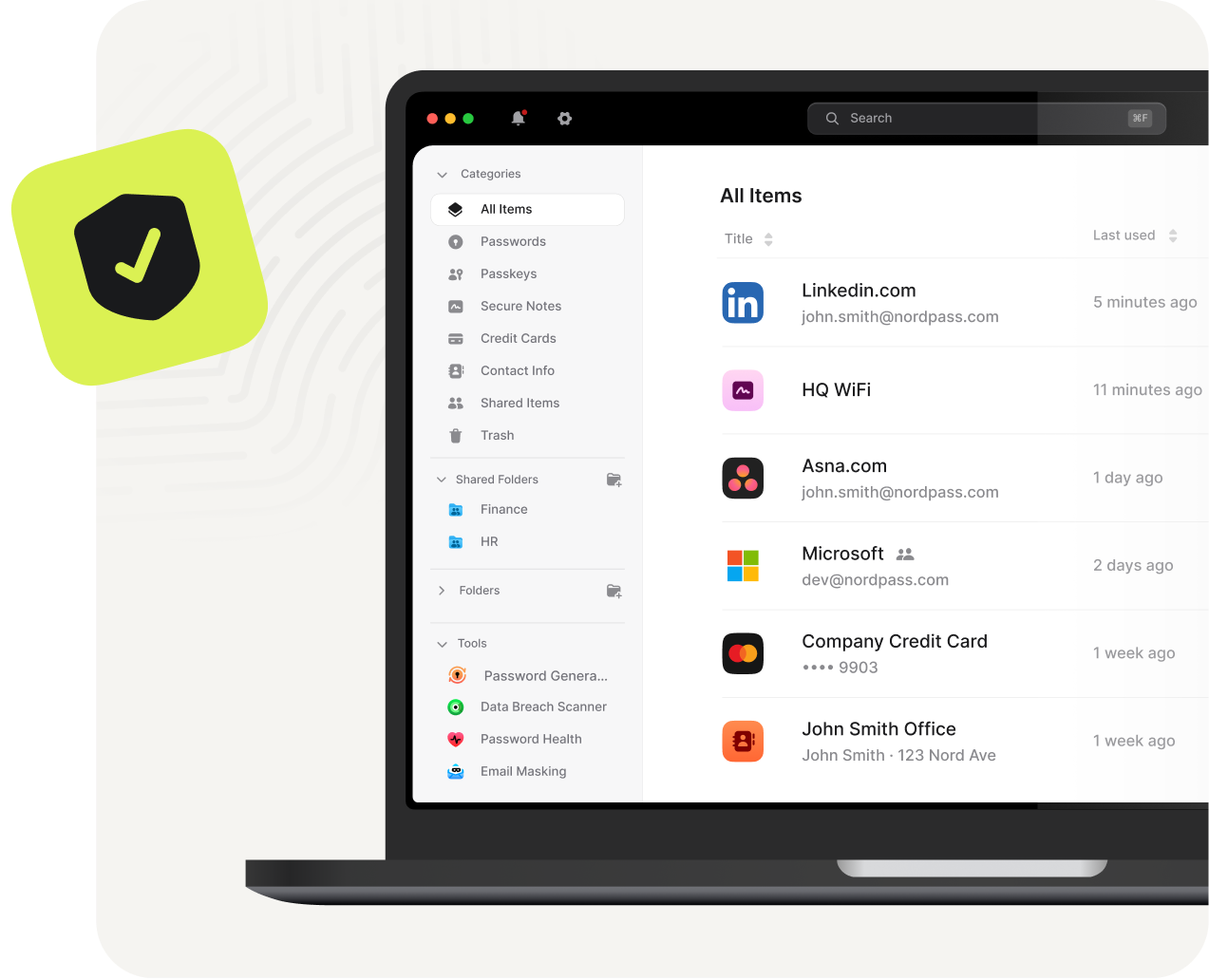 Official NordPass Desktop Application Interface on MacBook with Vault Items and Security Scanner